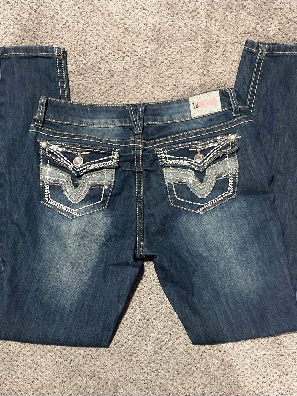 Y2K 1st Kiss Distressed Skinny Jeans Dark Wash Rhinestone Flap Pockets Size 30